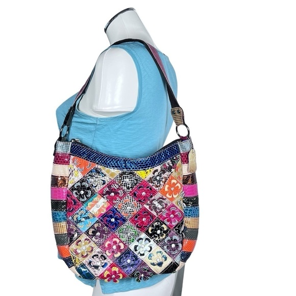 TRESKA Multi Colored 3D Leather Floral Rhinestone Patchwork Shoulder Bag - Picture 2 of 16